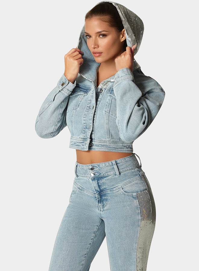 bebe Sequin Hooded Denim Jacket  - Image 3