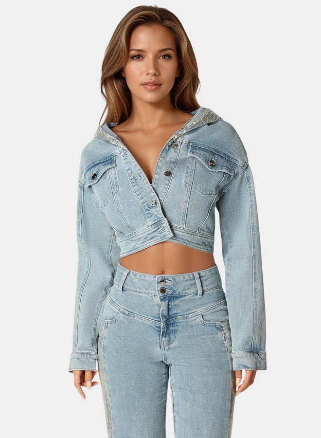 bebe Sequin Hooded Denim Jacket  - Image 1