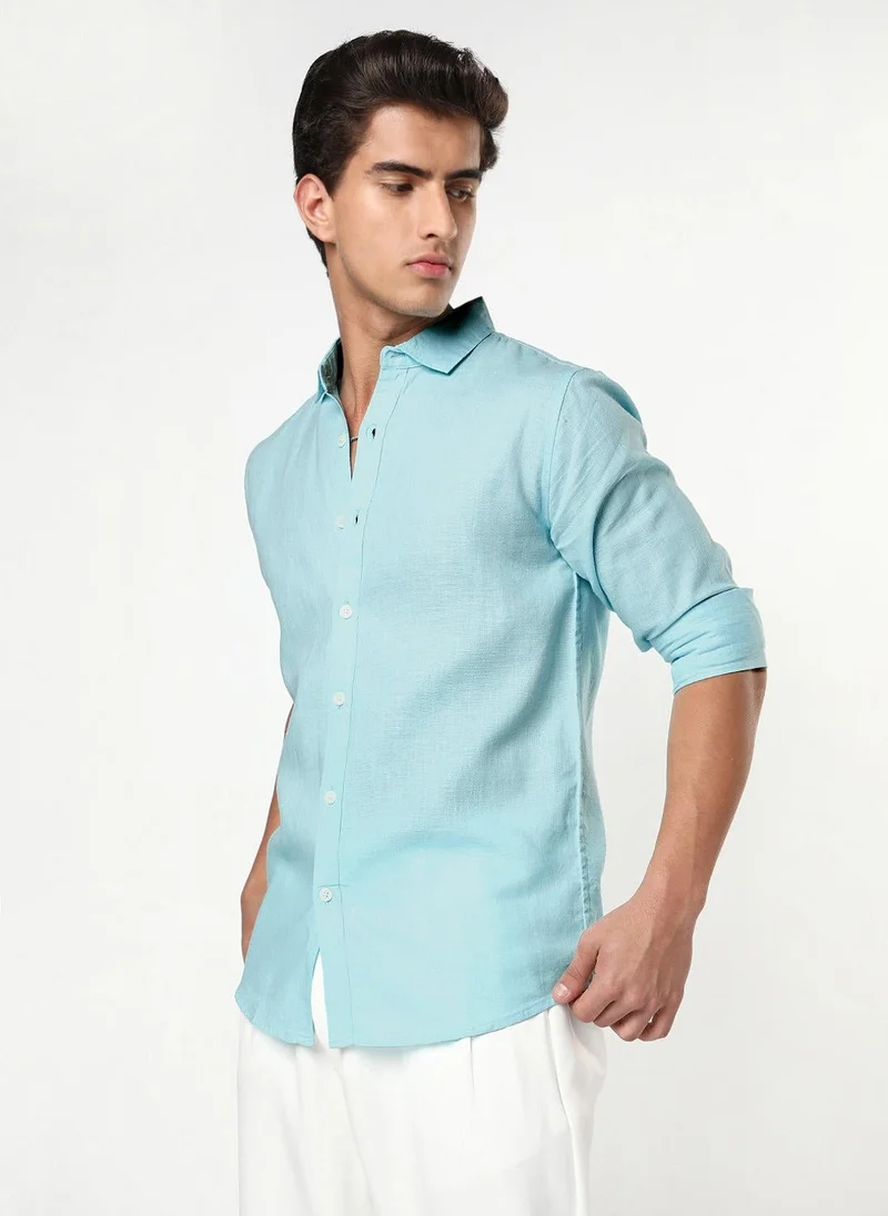 Urbano Fashion Men's Sky Blue Linen Blend Full Sleeve Relaxed Fit Casual Solid Shirt