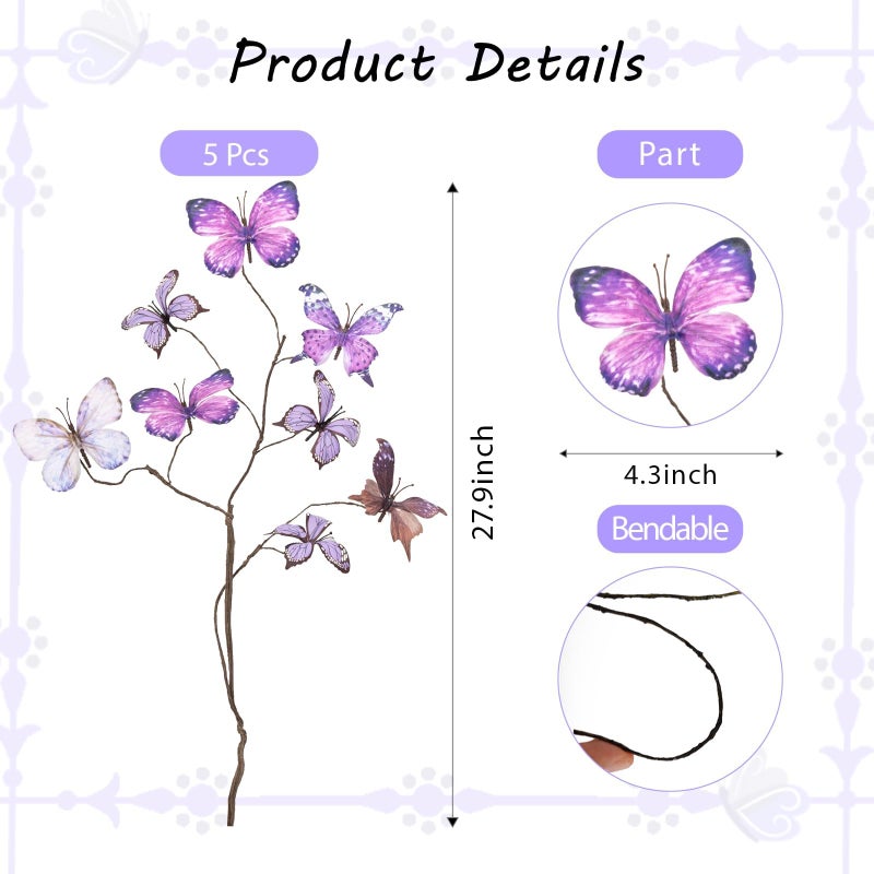 Wolpark 5 Pcs DIY Butterfly Decorations 5 Butterfly Branches with 30 Fake Butterflies for Crafts Faux Stems for Vase Filler Bouquets Home Decorations Garden Office Table Decor (Purple) - Image 4