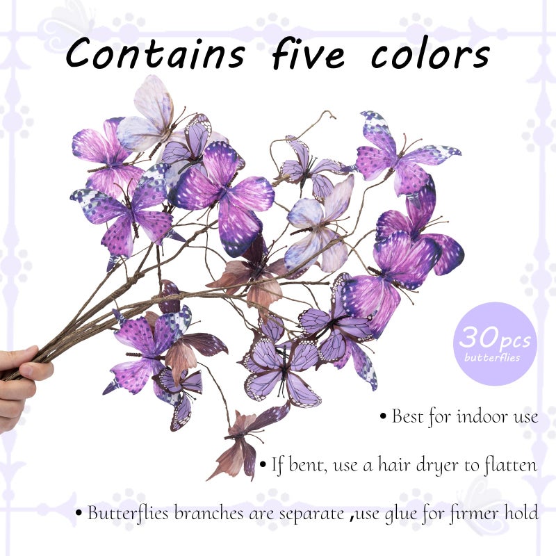 Wolpark 5 Pcs DIY Butterfly Decorations 5 Butterfly Branches with 30 Fake Butterflies for Crafts Faux Stems for Vase Filler Bouquets Home Decorations Garden Office Table Decor (Purple) - Image 3