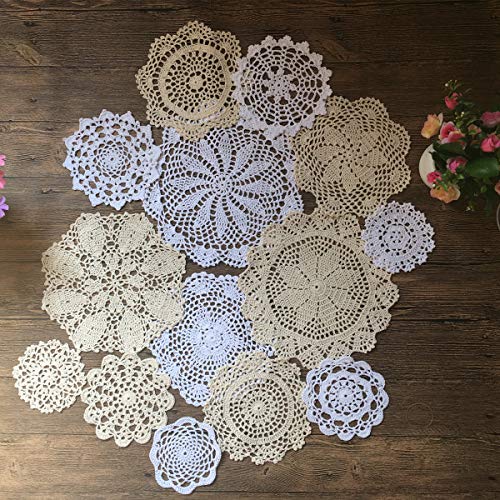 MINDPLUS Set of 14 Hand Crochet Doilies Cotton Crocheted Lace Doilies 4-10 Inches Round White Beige Vintage Wedding Tea Party - Image 1