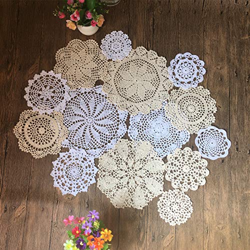 MINDPLUS Set of 14 Hand Crochet Doilies Cotton Crocheted Lace Doilies 4-10 Inches Round White Beige Vintage Wedding Tea Party - Image 2