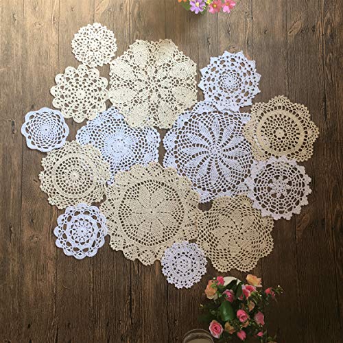MINDPLUS Set of 14 Hand Crochet Doilies Cotton Crocheted Lace Doilies 4-10 Inches Round White Beige Vintage Wedding Tea Party - Image 5