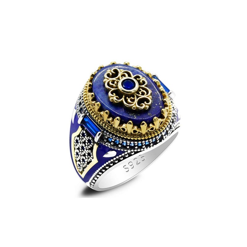 Qida S925 Stamp Sterling Silver OnyxLapis Lazuli Ring for Men Female Turkish Handmade Vintage Luxury Band