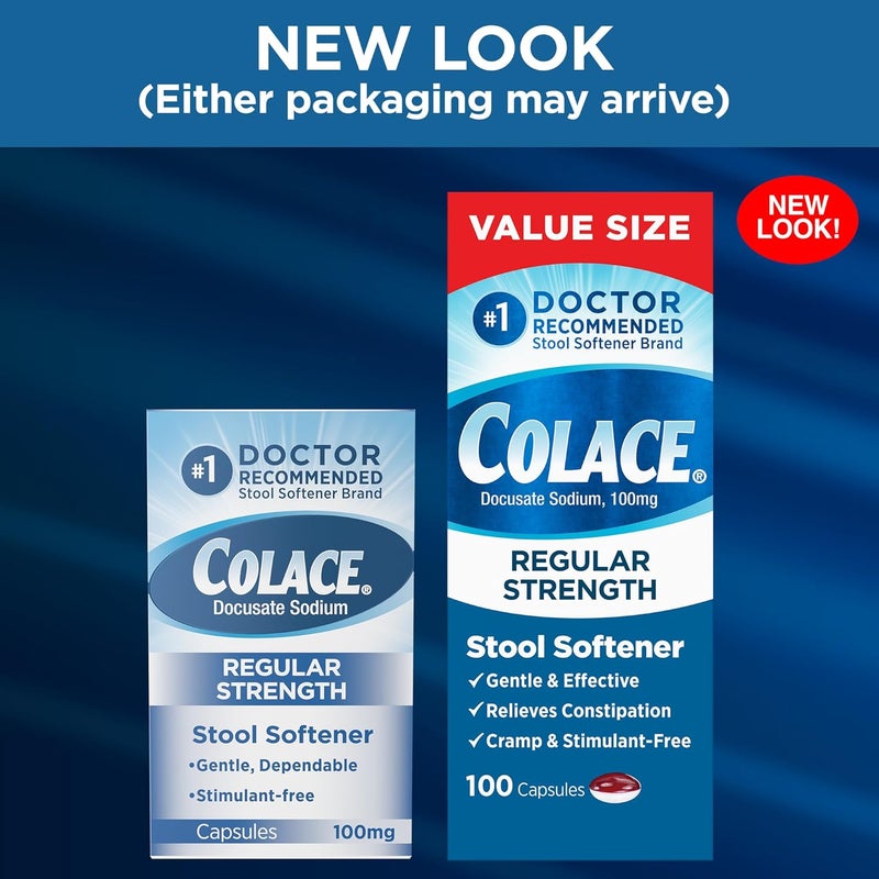 COLACE كولاس قوة عادية 100 ملغ كبسولات ملين البراز 60 حزمة 100 عدّ للراحة اللطيفة من الإمساك - Image 3