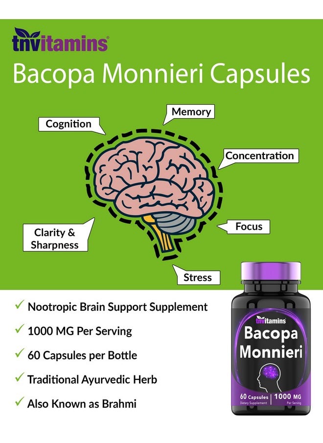 tnvitamins - Bacopa Monnieri Capsules 1000 Mg (60 Capsules) ; Nootropic Brain Support Supplement* ; Bacopa Leaf Extract Powder Pills - Image 1