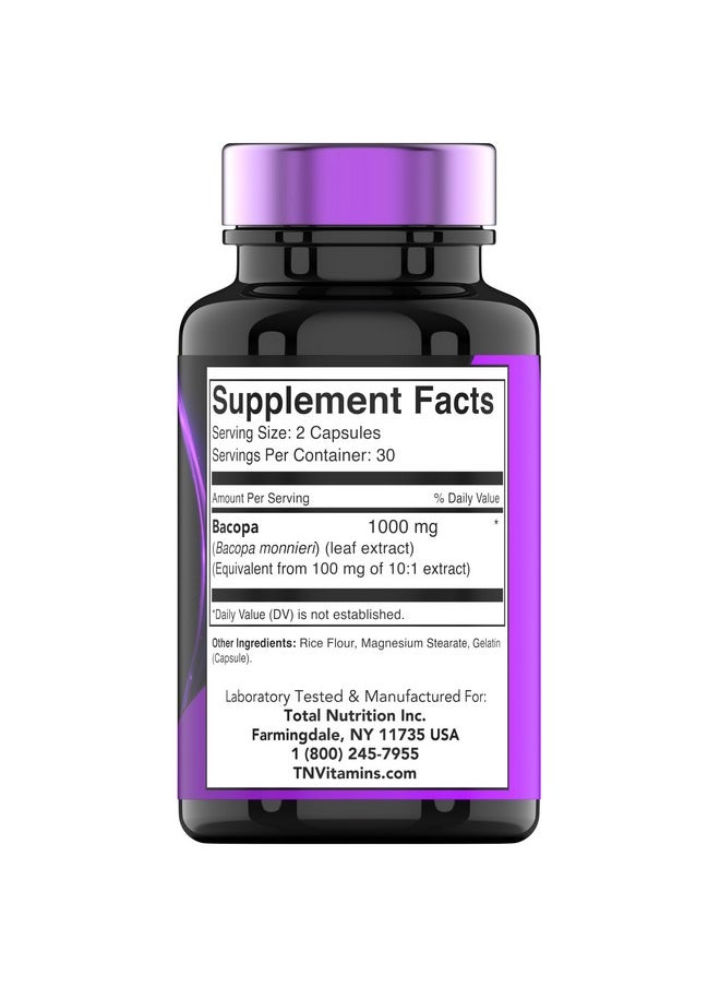 tnvitamins - Bacopa Monnieri Capsules 1000 Mg (60 Capsules) ; Nootropic Brain Support Supplement* ; Bacopa Leaf Extract Powder Pills - Image 1