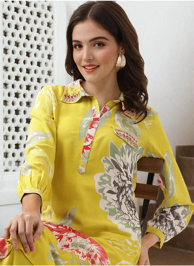 آي شين Women's Yellow Rayon Printed Tunic Full Length Palazzo Straight Fit Kurta Set