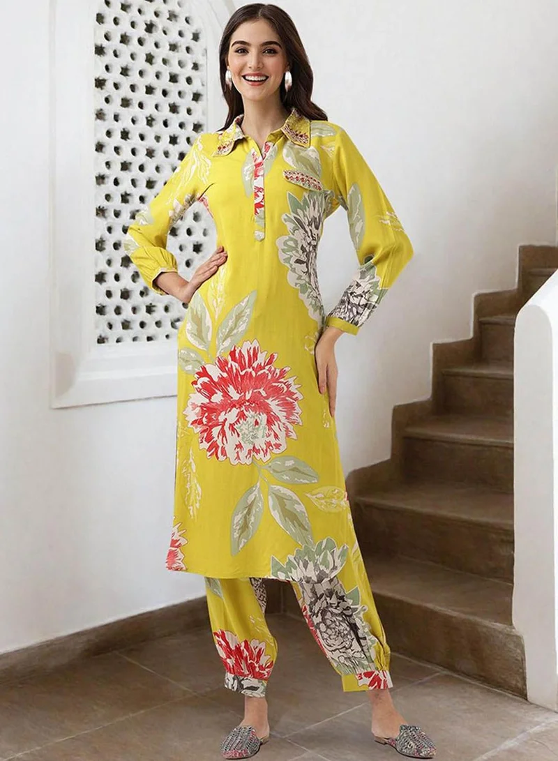 آي شين Women's Yellow Rayon Printed Tunic Full Length Palazzo Straight Fit Kurta Set