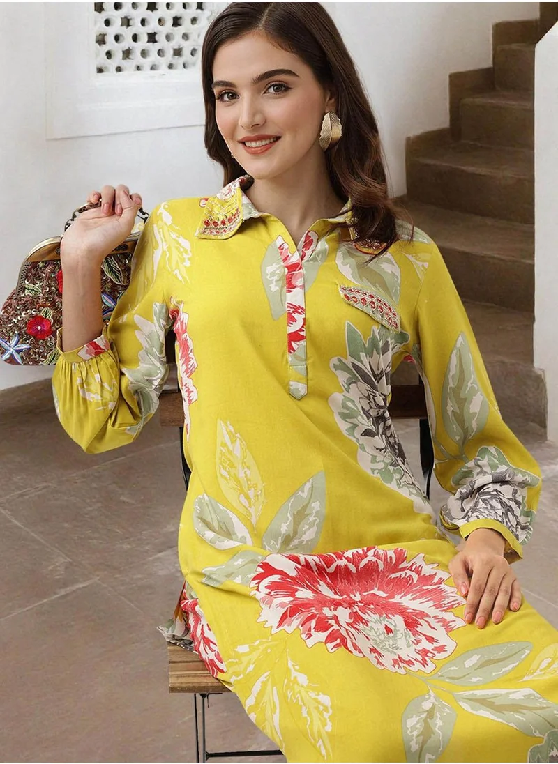 آي شين Women's Yellow Rayon Printed Tunic Full Length Palazzo Straight Fit Kurta Set