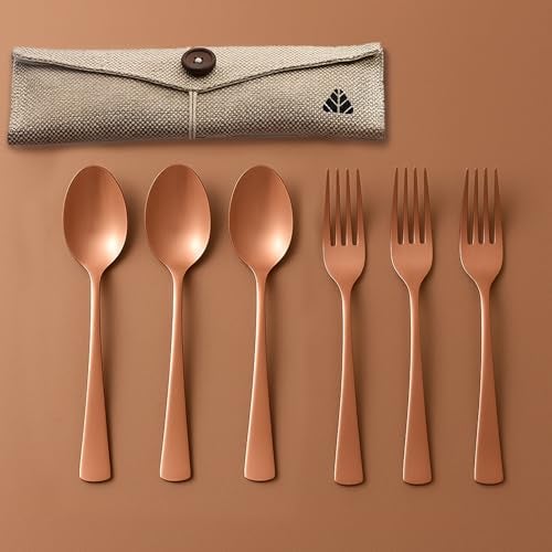 Rusabl Cutlery (Set of 6, Stainless Steel PVD Rose Gold Spoons - 3 and Forks - 3), 100% Food Grade, Non Toxic, Anti-Rust, Dishwasher Safe, Perfect Gifting Set for All Occasions - Image 1