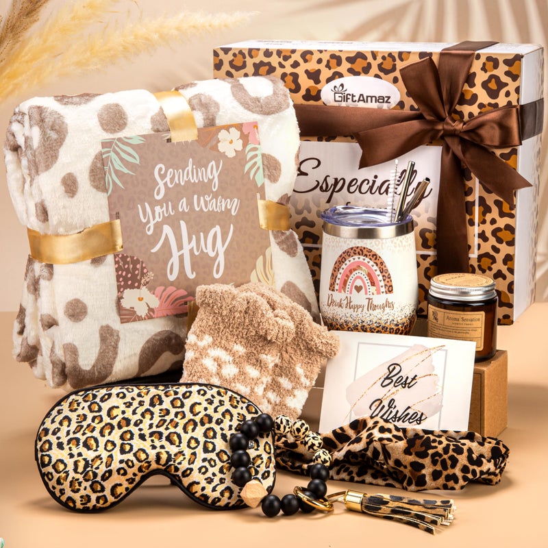 GiftAmaz Leopard Gifts for Women, Self Care Gifts Get Well Soon Gifts Basket, Include Leopard Print Tumbler Cup and Blanket, Care Package Unique Christmas Winter Gifts for Women Friends Wife Mom - Image 1
