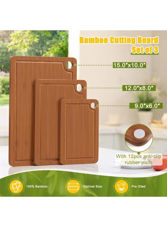 Homaxy Bamboo Cutting Board for Kitchen Set of 3, Wooden Cutting Boards with Non-Slip Mat Deep Juice Groove and Built-In Handles, Wood Chopping Board Set for Meat Fruits & Vegetables - Image 2