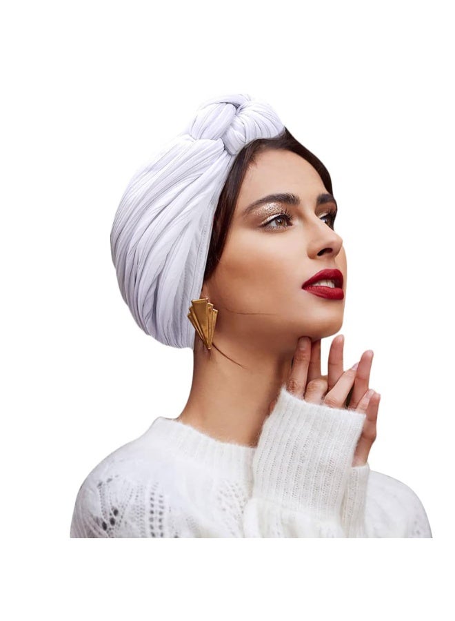 Women's Pre-Tied Turban Hat with Flower Knot, Polyester Stretch Head Wrap, White - Image 1