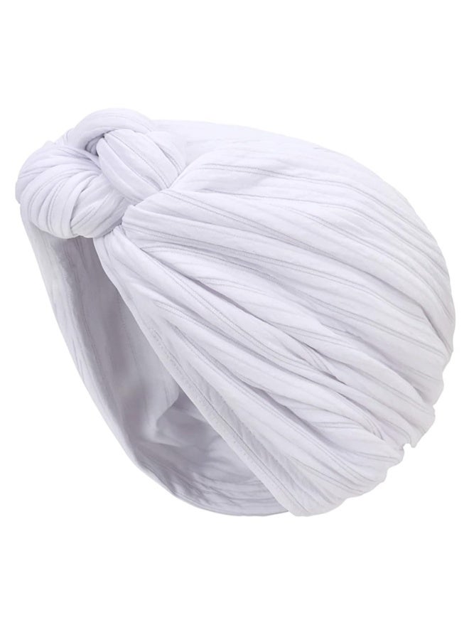 Women's Pre-Tied Turban Hat with Flower Knot, Polyester Stretch Head Wrap, White - Image 2