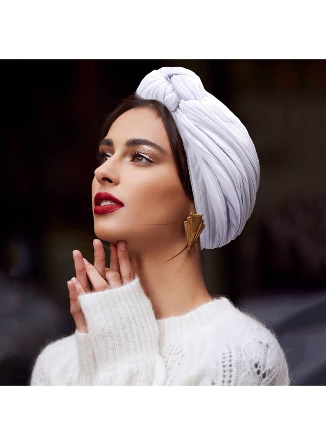 Women's Pre-Tied Turban Hat with Flower Knot, Polyester Stretch Head Wrap, White - Image 4