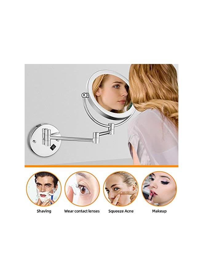 Wall Mounted Makeup Mirror LED Lighted Touch Button Stepless Adjustable Light Double Sided 1X/5x Magnifying Vanity Mirror 360° Swivel Extendable for Bathroom Powered by Plug in-8 inches