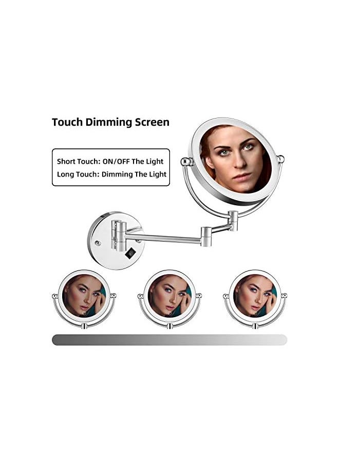 The Bros Wall Mounted Makeup Mirror LED Lighted Touch Button Stepless Adjustable Light Double Sided 1X/5x Magnifying Vanity Mirror 360° Swivel Extendable for Bathroom Powered by Plug in-8 inches  - Image 2