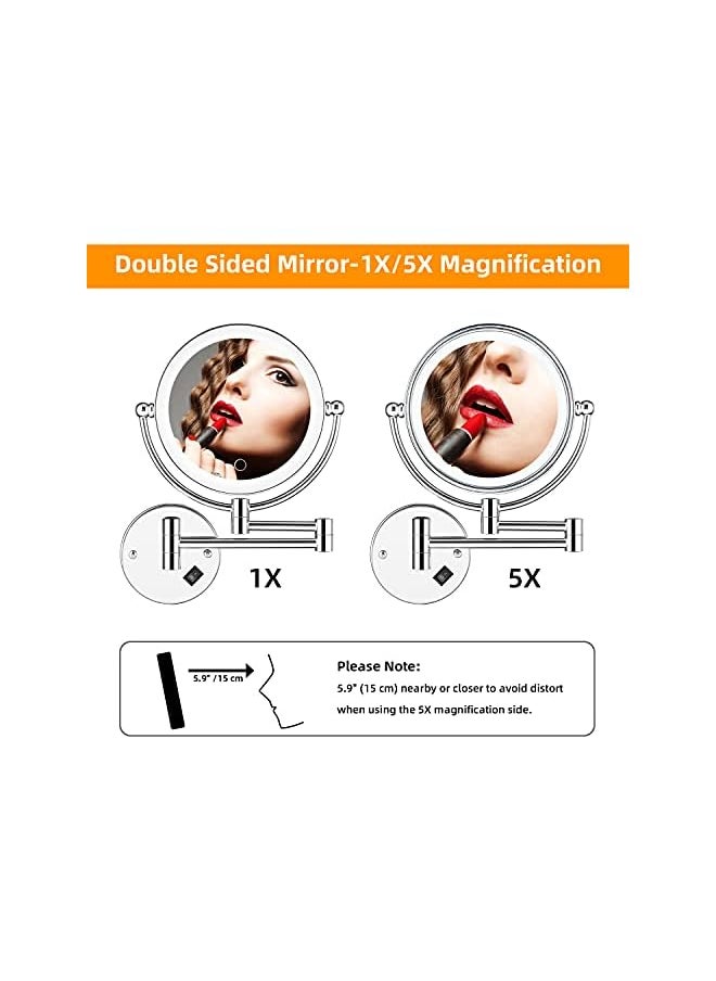 The Bros Wall Mounted Makeup Mirror LED Lighted Touch Button Stepless Adjustable Light Double Sided 1X/5x Magnifying Vanity Mirror 360° Swivel Extendable for Bathroom Powered by Plug in-8 inches  - Image 3