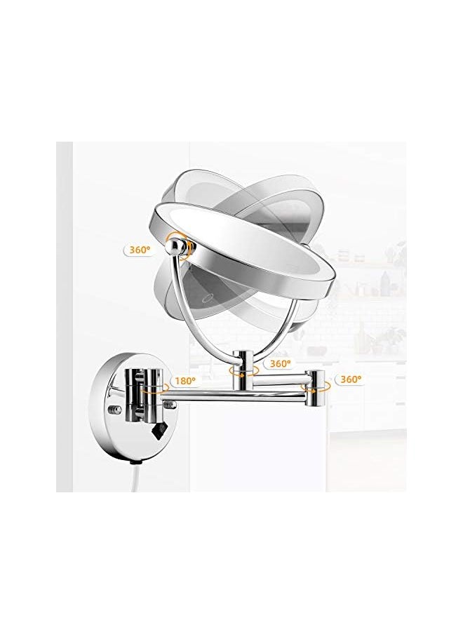 The Bros Wall Mounted Makeup Mirror LED Lighted Touch Button Stepless Adjustable Light Double Sided 1X/5x Magnifying Vanity Mirror 360° Swivel Extendable for Bathroom Powered by Plug in-8 inches  - Image 4