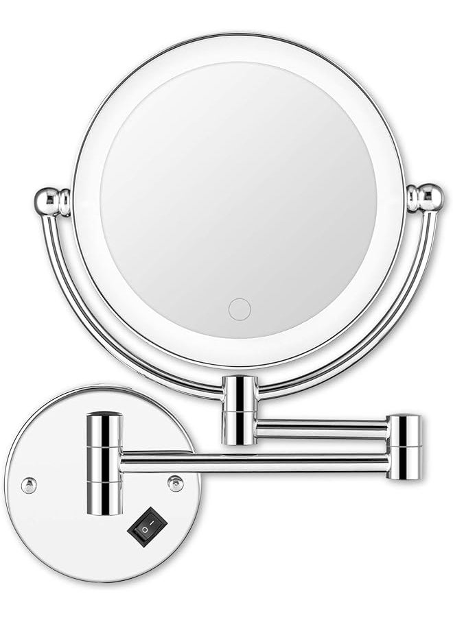 The Bros Wall Mounted Makeup Mirror LED Lighted Touch Button Stepless Adjustable Light Double Sided 1X/5x Magnifying Vanity Mirror 360° Swivel Extendable for Bathroom Powered by Plug in-8 inches  - Image 1