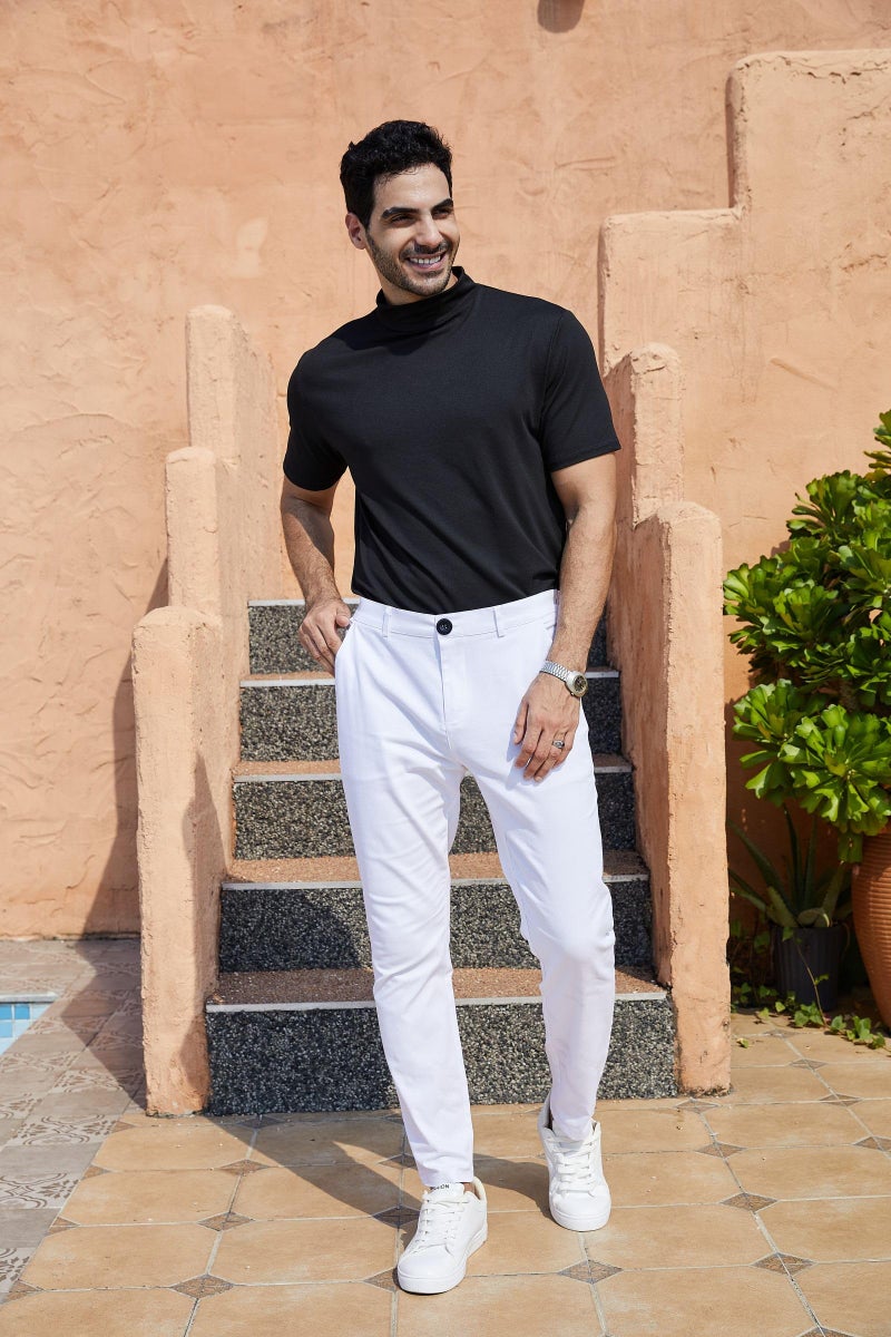 Percle Mens Slim Fit Dress Pants Casual Business Skinny Stretch Suit Pants Golf Pants White - Image 2