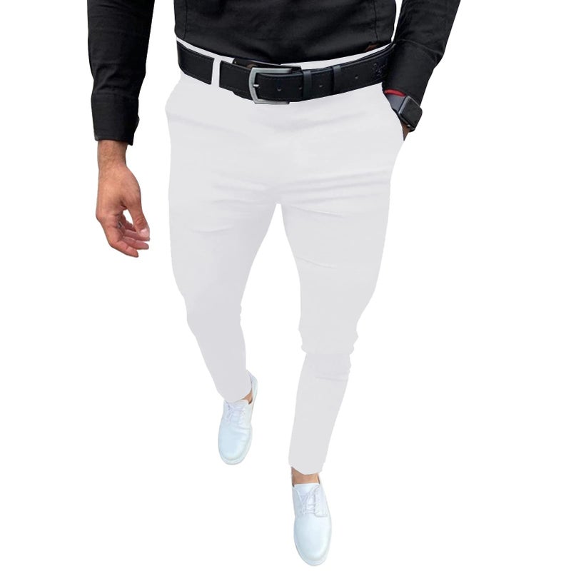 Percle Mens Slim Fit Dress Pants Casual Business Skinny Stretch Suit Pants Golf Pants White - Image 1