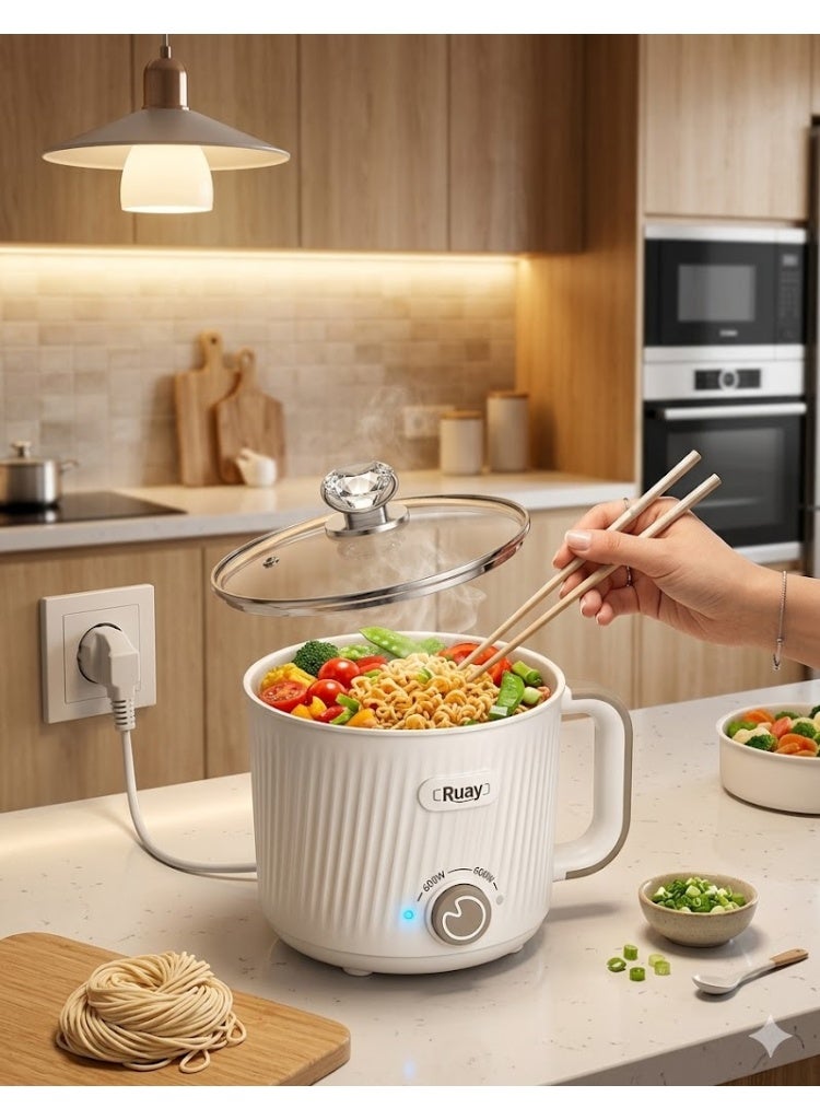 Ruay 1.6L Electric Cooking Pot RA74, 300W-600W Multi-Functional Electric Hot Pot with Dual Power Control, Non-Stick Inner Coating & Ergonomic Side Handle, Portable Food Cooker for Ramen, Soup, Office & Travel - Beige - Image 4
