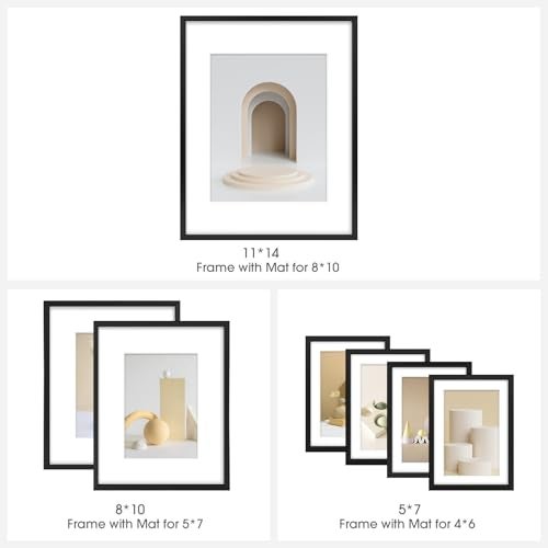 Frametory, Aluminum Picture Frames Set of 7 - Black Gallery Wall Kit - Displays One 11x14, Two 8x10, and Four 5x7 inch Photos for Home Decoration - Image 4