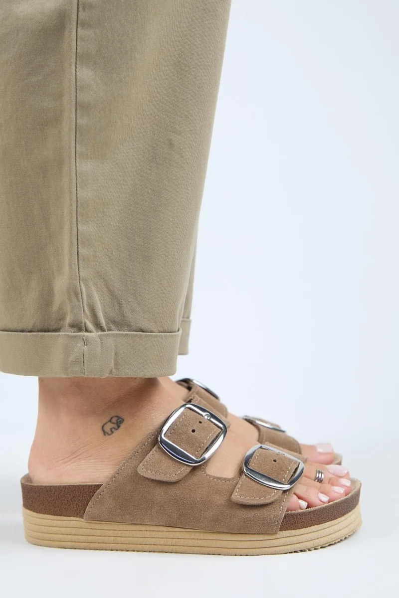 Manijero Manijero Selina Women's Genuine Leather Double Buckle Mink - Silver Slippers