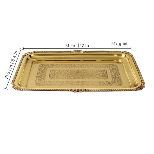Putrika Traditional Handcrafted Brass Embossed Serving and offering Tray, Serveware & Tableware, Decorative, Gift Item |Arati Bartan Thambulam Plate | Designed Plate -Embossed Rectangle Tray (Floral) - Image 5