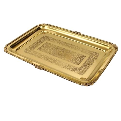 Putrika Traditional Handcrafted Brass Embossed Serving and offering Tray, Serveware & Tableware, Decorative, Gift Item |Arati Bartan Thambulam Plate | Designed Plate -Embossed Rectangle Tray (Floral) - Image 1