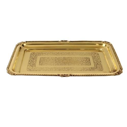 Putrika Traditional Handcrafted Brass Embossed Serving and offering Tray, Serveware & Tableware, Decorative, Gift Item |Arati Bartan Thambulam Plate | Designed Plate -Embossed Rectangle Tray (Floral) - Image 2