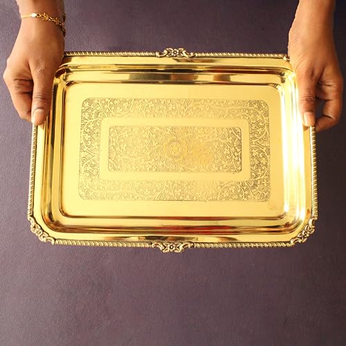 Putrika Traditional Handcrafted Brass Embossed Serving and offering Tray, Serveware & Tableware, Decorative, Gift Item |Arati Bartan Thambulam Plate | Designed Plate -Embossed Rectangle Tray (Floral) - Image 3
