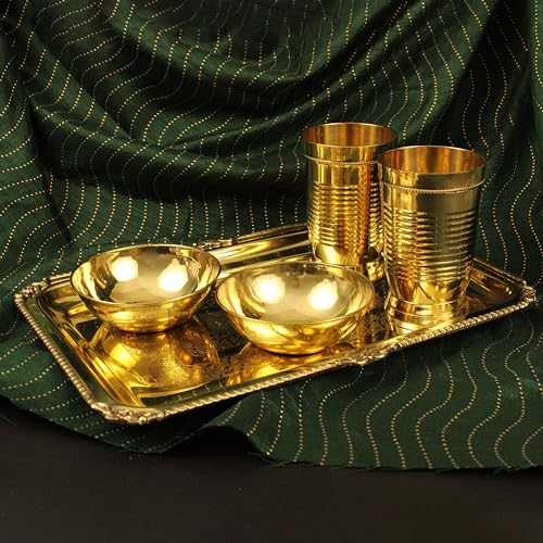 Putrika Traditional Handcrafted Brass Embossed Serving and offering Tray, Serveware & Tableware, Decorative, Gift Item |Arati Bartan Thambulam Plate | Designed Plate -Embossed Rectangle Tray (Floral) - Image 4
