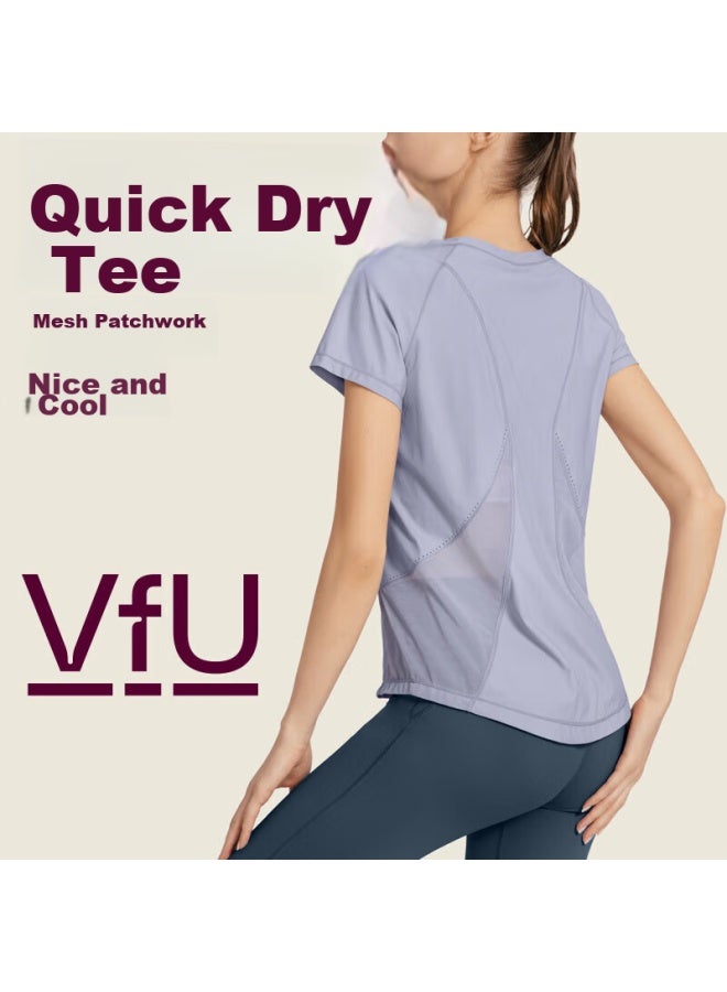 Vfu Sports T-shirt, Women's Short-sleeve, Quick-dry, Mesh Breathable, Fitness Wear, Training Yoga Outfit, Iris Blue, Size S - Image 1