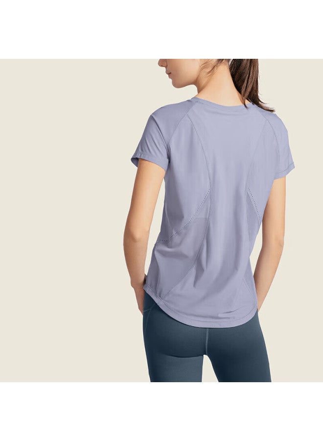Vfu Sports T-shirt, Women's Short-sleeve, Quick-dry, Mesh Breathable, Fitness Wear, Training Yoga Outfit, Iris Blue, Size S - Image 3