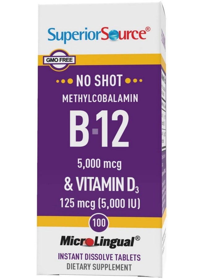 Superior Source Superior Source NO Shot Methylcobalamin B-12 5,000 mcg with D3 5,000 IU - Energy & Heart Health Supplement - Multivitamin with Vitamin D3 for Bone Support - 100 Instant Dissolve Tablets  - Image 1
