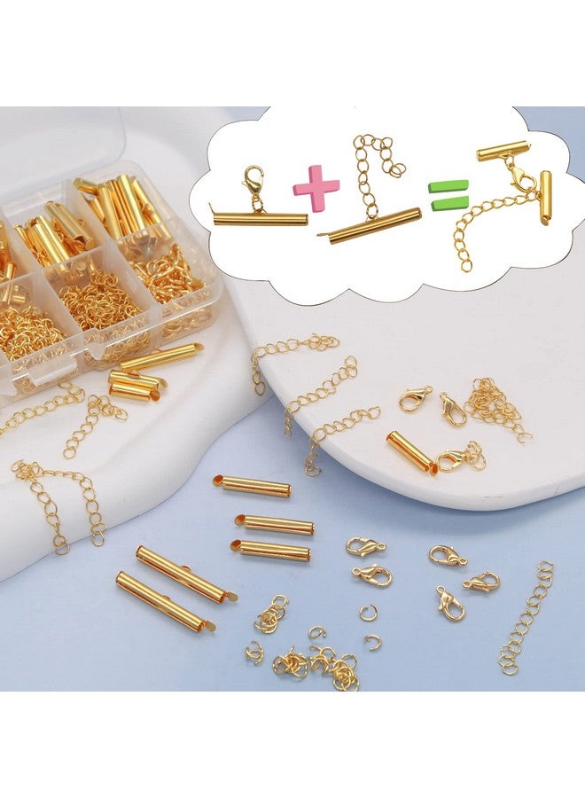 EuTengHao EuTengHao 540Pcs Slider Clasp Kit, Beading Tube Slide Cord Ends Slide Tube End Bar with Lobster Clasp Chain Extender Jewelry Finding Kit for Beading Necklace Bracelet Jewelry Making (6 Sizes, Gold)  - Image 3