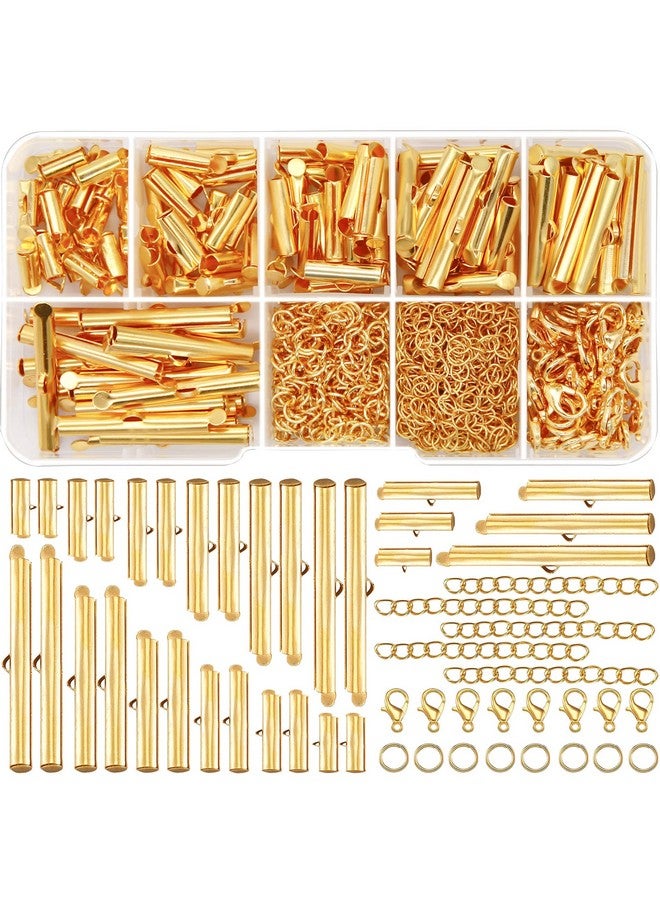 EuTengHao EuTengHao 540Pcs Slider Clasp Kit, Beading Tube Slide Cord Ends Slide Tube End Bar with Lobster Clasp Chain Extender Jewelry Finding Kit for Beading Necklace Bracelet Jewelry Making (6 Sizes, Gold)  - Image 1