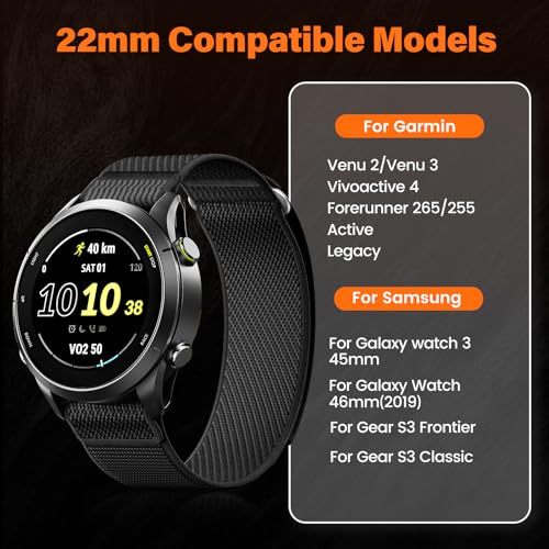 ANCOOL Nylon Watch Band Compatible with Garmin Venu 3/Venu 4 45mm/Venu 2/Forerunner 265/255/Vivoactive 4, 22mm Quick Release Watch Band for Galaxy Watch 46mm/3 45mm for Men(Black/Grey, L) - Image 2