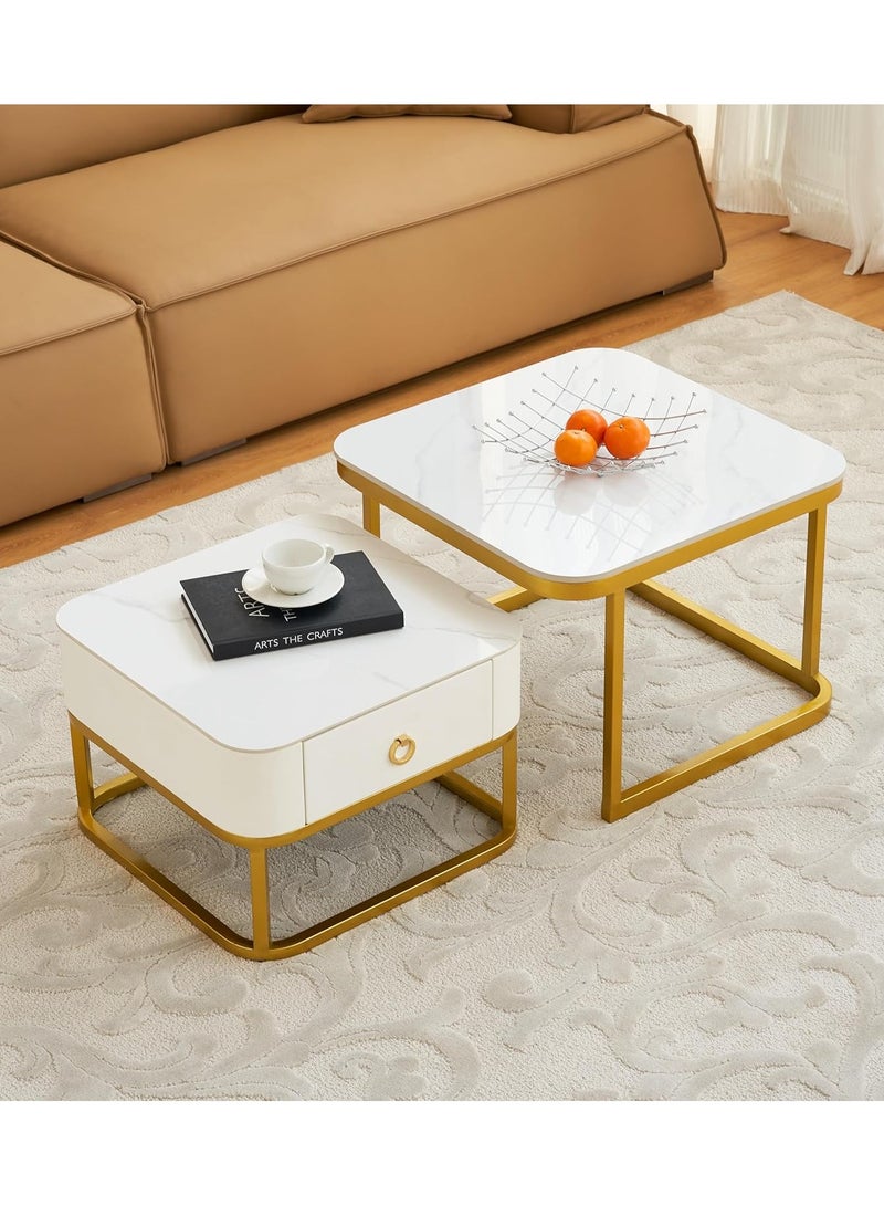 DubaiGallery Nesting Coffee Table Set of 2, Modern Side Table, Round Tempered Glass Marble Texture Stackable Coffee Tables, Living Room Sofa Table, Metal Frame, for Living Room Balcony Office - Image 3