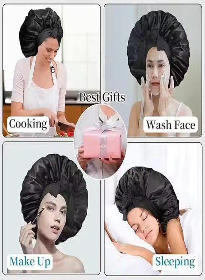 Atrube Silk Bonnet for Hair with 3 Scrunchies| Adjustable Satin Hair Cap for Sleeping | Bonnet for Curly Hair with Wide Tie Band| Multiple use| Shower Cap| (black band) - Image 3