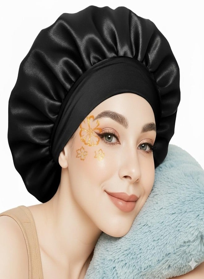 Atrube Silk Bonnet for Hair with 3 Scrunchies| Adjustable Satin Hair Cap for Sleeping | Bonnet for Curly Hair with Wide Tie Band| Multiple use| Shower Cap| (black band) - Image 1