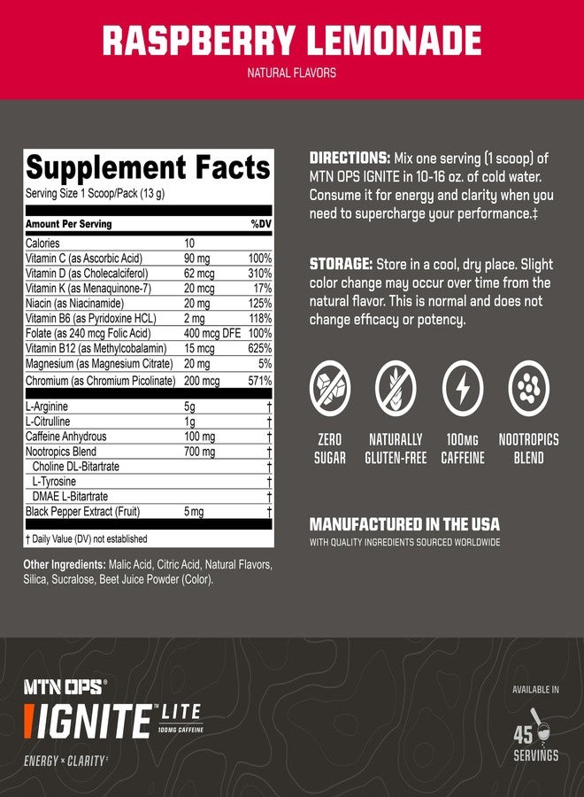 MTN OPS Ignite Lite Sugar Free Energy Drink Powder with 100mg Caffeine, Nootropic Blend for Energy & Focus, L Arginine & L Citrulline for Endurance, 45 Servings, Raspberry Lemonade - Image 3