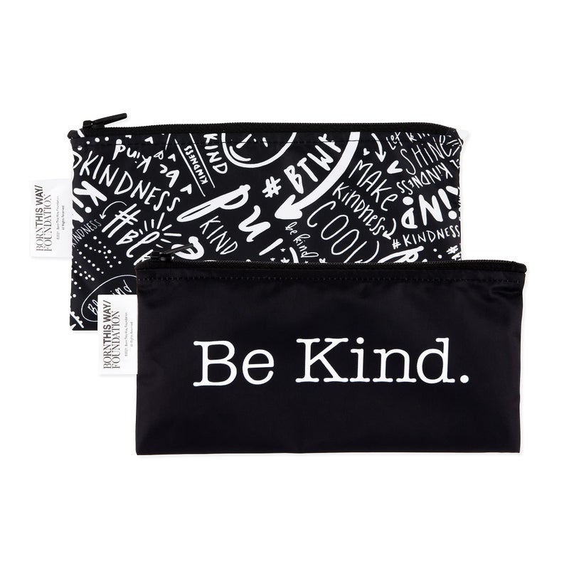 Bumkins Reusable Snack Bags for Kids School Lunch and for Adults Portion Washable Fabric Waterproof Cloth Zip Bag Supplies Travel Pouch FoodSafe Storage 2pk Born This Way Be Kind
