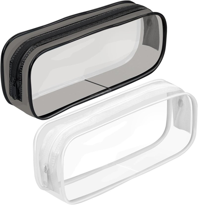 YILANJIN Clear Zipper Pencil Bag, 2 Pieces PVC Pencil Case, Waterproof Makeup Pouch, Transparent Stationery Bag for School, Office, Travel, Black, White - Image 1