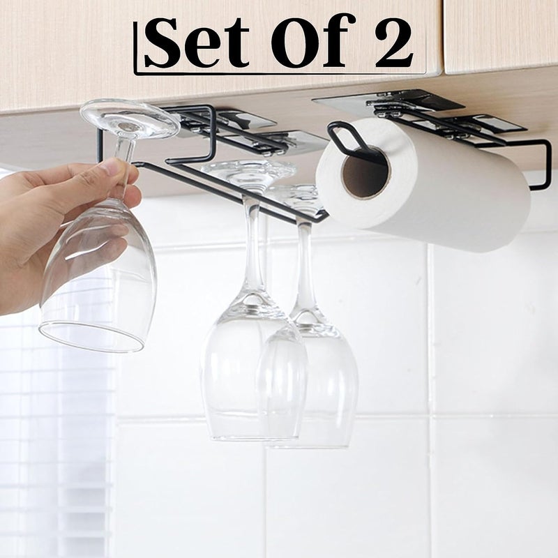 Decorlay Decorlay Self Adhesive Sticker Kitchen Bathroom Napkin Roll Holder Wall Mounted Under The Cabinet Glass Hanging ShelfTissue Paper Dispensers Wine Glass Holder Black Pack of 2  - Image 2