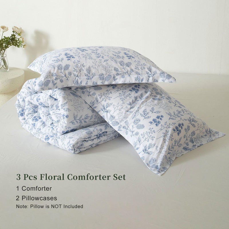 EAVD Queen Comforter Set White and Blue Floral Bedding Set for Girls Soft Microfiber Comforter Set Vintage Garden Floral Comforter Set with 2 Pillowcases Botanical Comforter Set for All-Season - Image 4